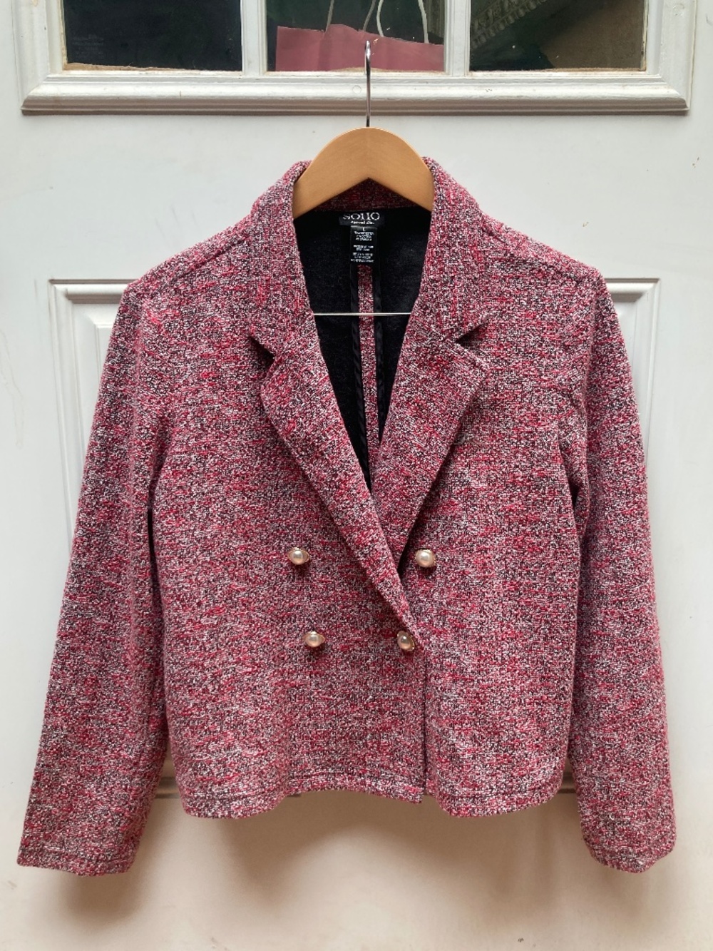 SOHO Apparel Pink Black Tweed Double Breasted Blazer Jacket Size L